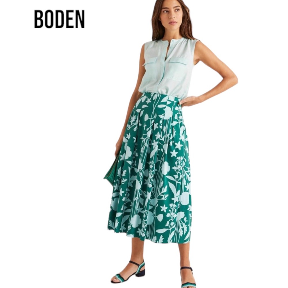 Boden Green and White Floral Midi Skirt
